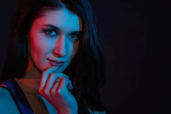 Portrait Young Attractive Woman Posing Red Blue Lights — Stock Photo, Image