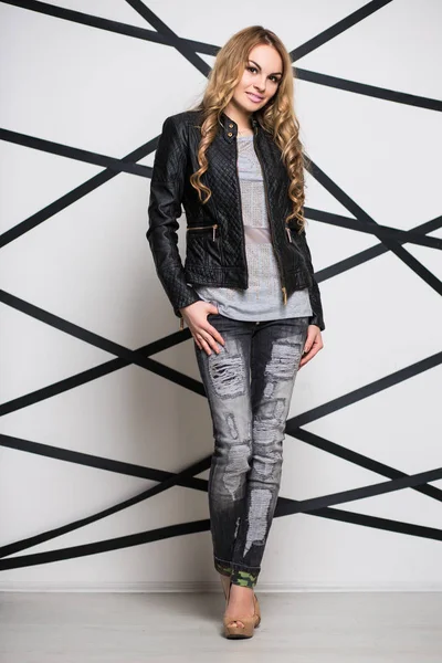 Young Curly Blonde Woman Wearing Black Jacket Jeans — Stock Photo, Image