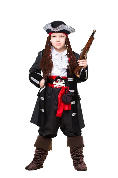 Bel Ragazzo Posa Costume Pirata Con Pistola Isolata Sfondo Bianco — Foto Stock