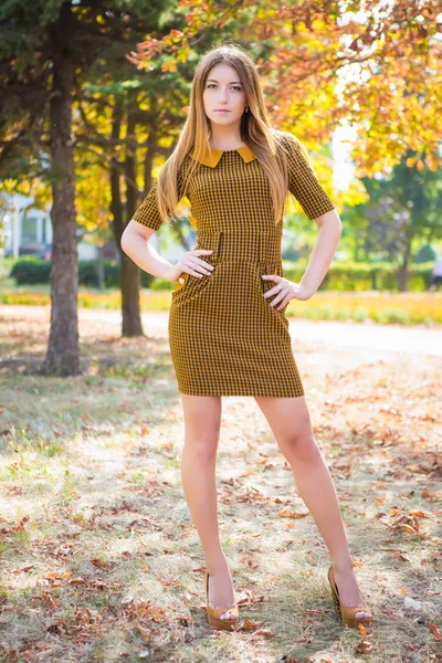 Stylish Young Girl Dress Posing Park — Stock Photo, Image