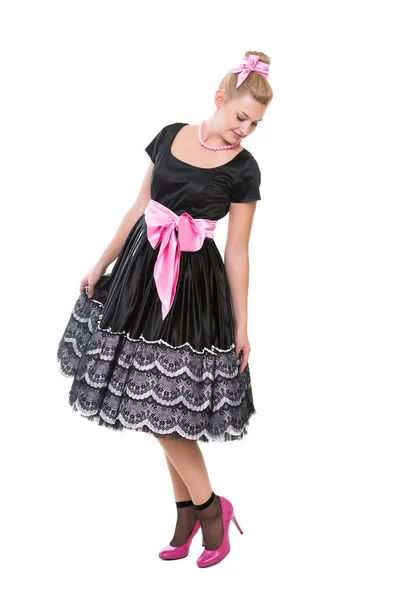 Attractive Young Woman Black Dress Pink Bow Isolated White — Stock Photo, Image