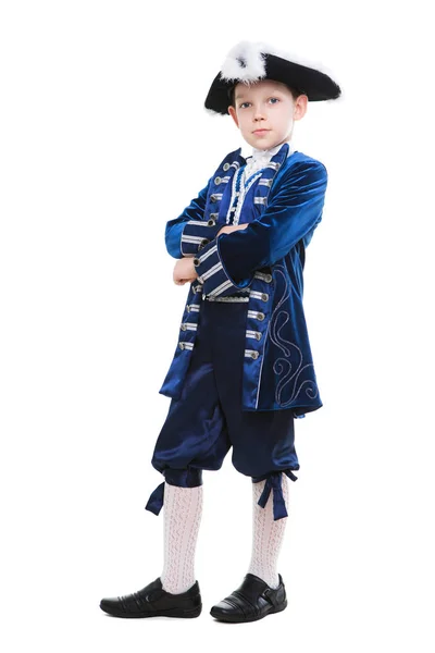 Little Boy Posing Musketeer Costume Looking Camera Crossed Arms Isolated — Stock Photo, Image