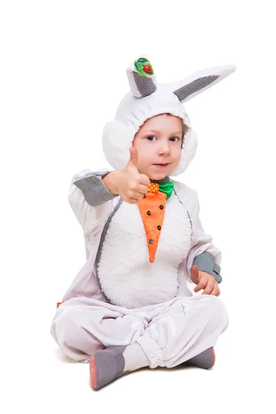 Hermoso Niño Con Traje Conejo Mostrando Pulgar Hacia Arriba Aislado — Foto de Stock