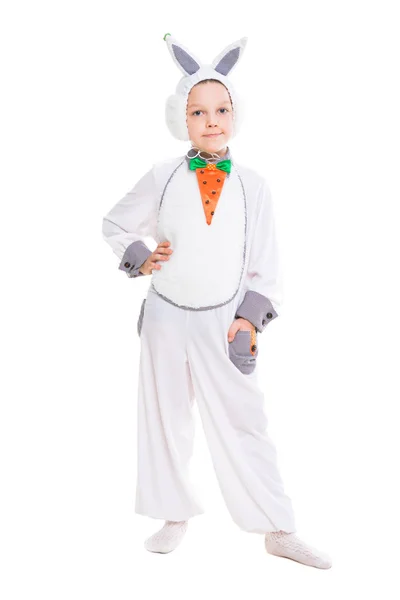 Verspielter Kleiner Junge Posiert Hasenanzug Isoliert Auf Weiß — Stockfoto