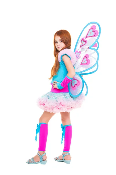 Little Girl Dressed Blue Pink Butterfly Costume Isolated White — Stock Photo, Image