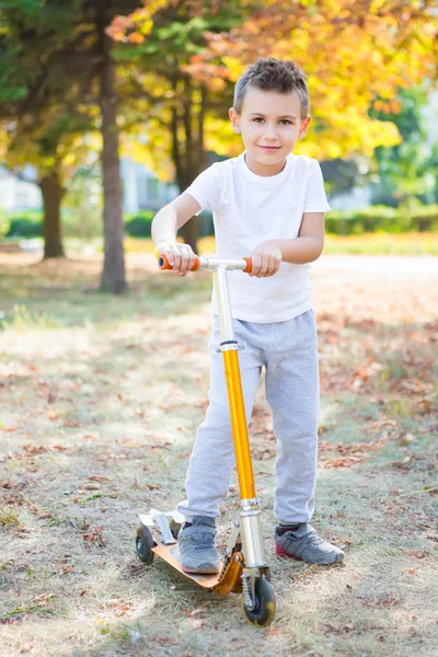 可爱的小男孩骑摩托车在秋天的公园 — 图库照片