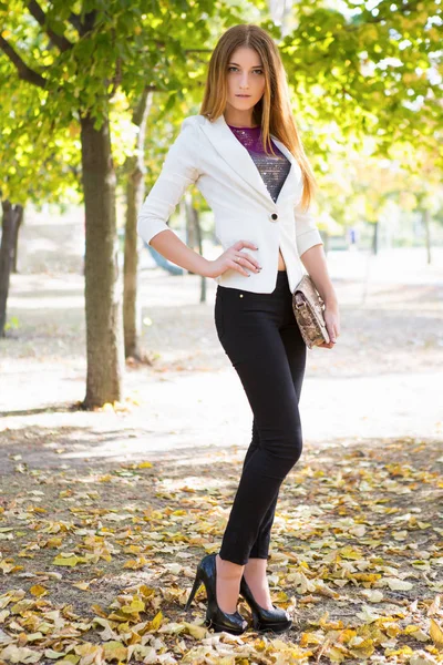 Stylish Young Woman Black Pants White Jacket Posing Park — Stock Photo, Image