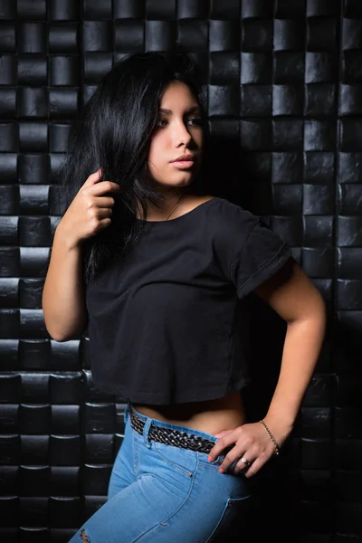 Portrait Pretty Brunette Wearing Black Top Front Black Wall — Stock Photo, Image