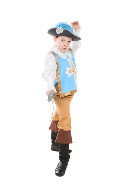Petit Garçon Costume Mousquetaire Posant Avec Épée Isolé Sur Blanc — Photo