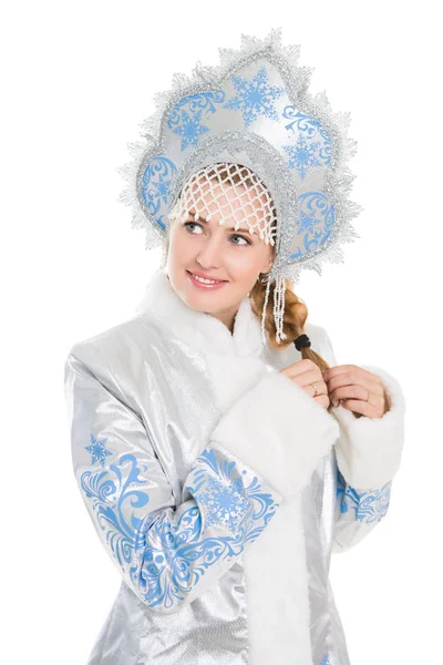 Portrait Jolie Femme Slave Costume Hiver Traditionnel Flocon Neige Isolé — Photo