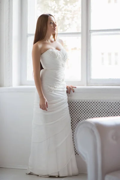 Pretty Brunette White Wedding Dress Posing Window — Stock Photo, Image