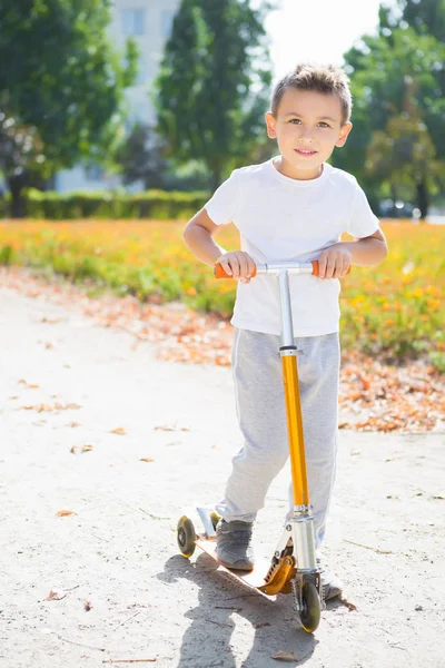 可爱的小男孩骑摩托车在秋天的公园 — 图库照片