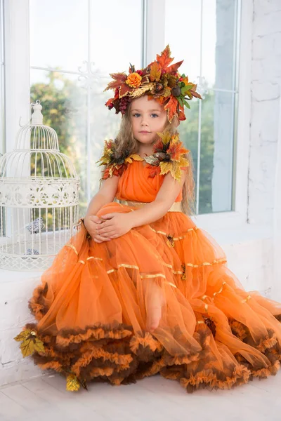Sevimli Küçük Kız Sonbahar Kostüm Pencere Poz — Stok fotoğraf