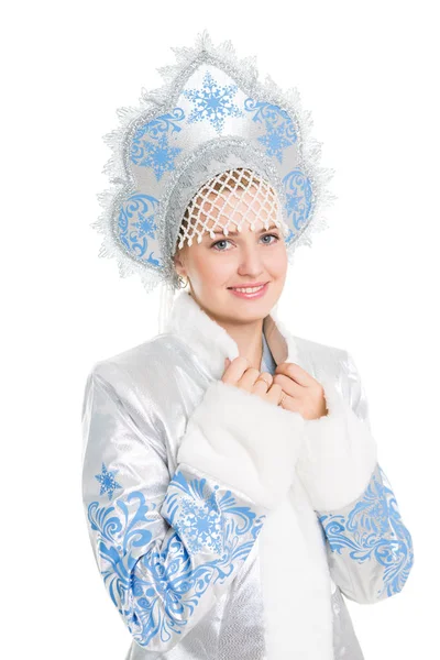 Porträt Einer Lächelnden Slawischen Frau Traditioneller Schneeflockenwintertracht Isoliert Auf Weiß — Stockfoto