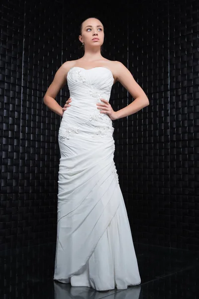 Beautiful Thoughtful Brunette Wearing Bride Posing Black Wall — Stock Photo, Image