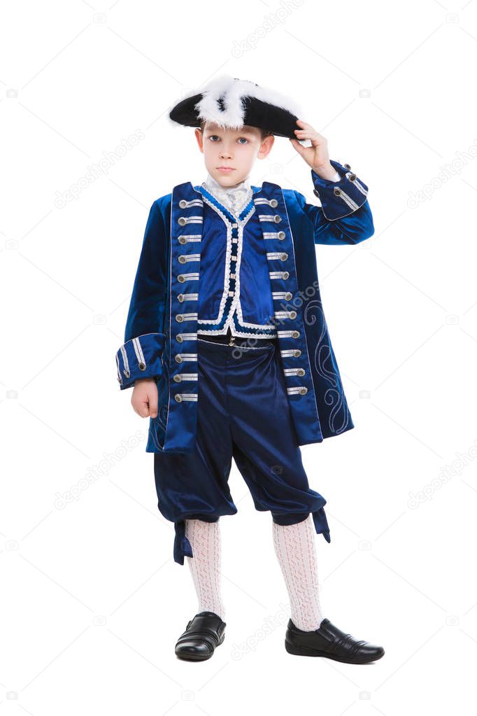 Adorable little boy wearing blue musketeer costume. Isolated on white
