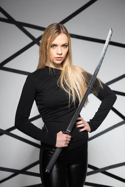 Young Woman Black Clothing Steel Sword — Stock Photo, Image