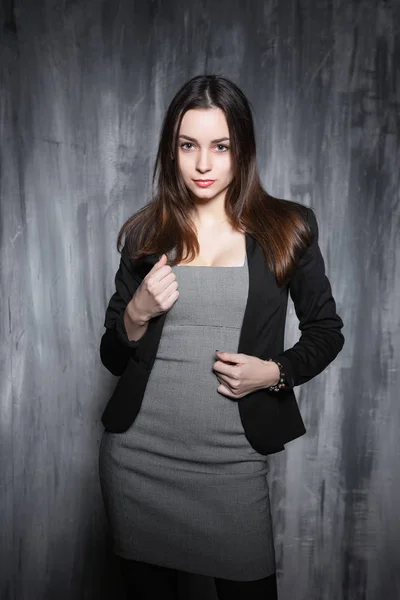 Portrait Young Woman Grey Dress Posing Studio — Stock Photo, Image