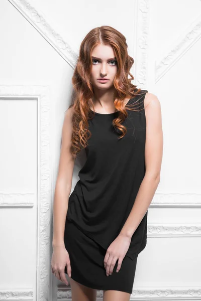 Beautiful Woman Black Dress Posing Studio — Stock Photo, Image
