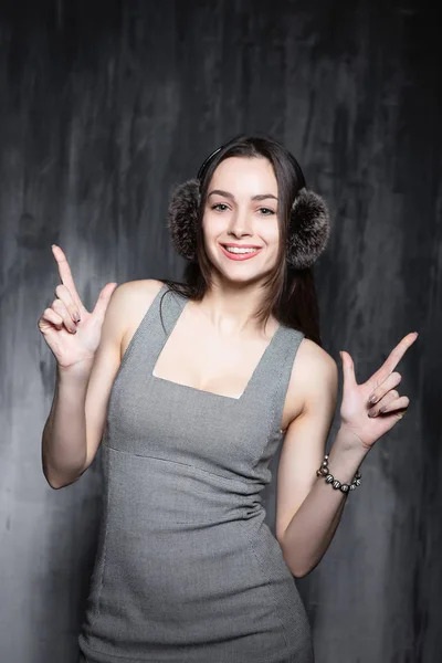 Portrait Young Woman Grey Dress Posing Studio — Stock Photo, Image