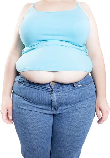 Mulher Gorda Tentando Usar Jeans Sobrepeso Obesidade Isolado Fundo Branco — Fotografia de Stock