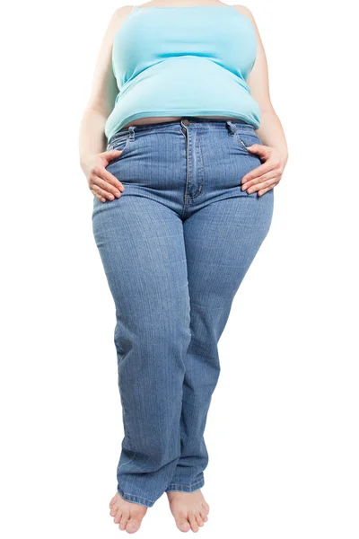 Woman Blue Jeans Isolated White Background Fat Thin Diet Concept — Stock Photo, Image