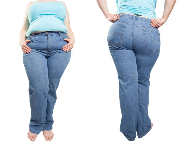 Mulher Jeans Azul Isolado Fundo Branco Gordura Fino Conceito Dieta — Fotografia de Stock