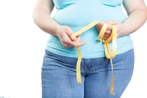 Túlsúly Elhízás Mérések Elszigetelt Fehér Szalag Lány — Stock Fotó