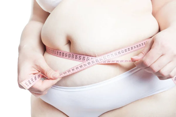 Woman Overweight Obesity Measures Her Waist Close White Underwear Isolated — Stock Photo, Image