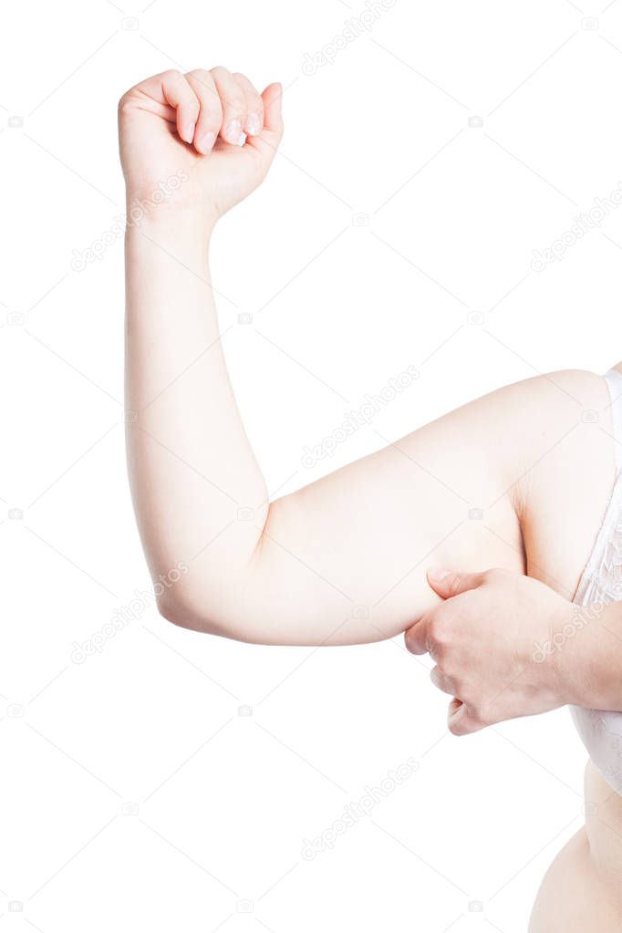 woman pulls fat on hands. Concept of fitness and problem skin.  (isolated on white background)