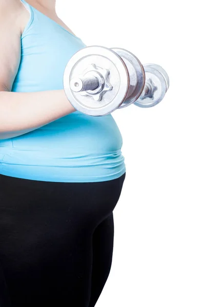 Overweight Woman Doing Sports Dumbbells Isolated White Background — Stock Photo, Image