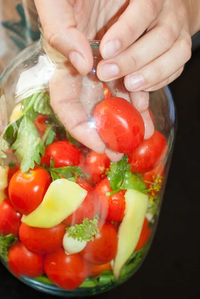 Home Preserving Tomatoes Hand Settles Tomatoes Jar Canning Winter — Stock Photo, Image