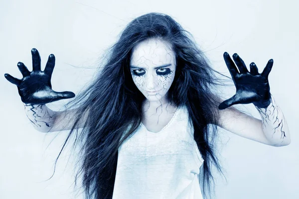 Portrait Possessed Spirits Girl Bruises Her Eyes Black Veins Conjures — Stock Photo, Image