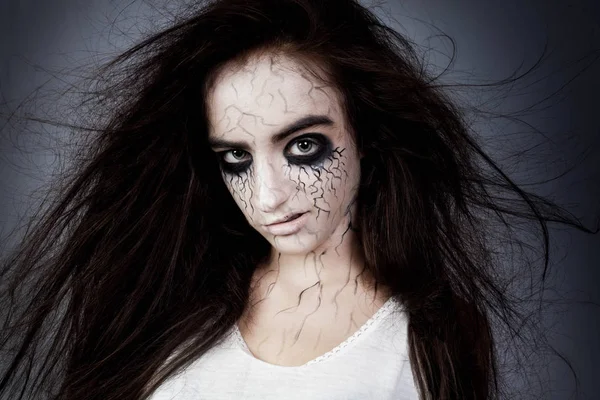 Portrait Crazy Girl Disheveled Hair Black Eyes Veins Concept Halloween — Stock Photo, Image