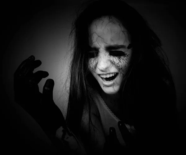 Halloween Portrait Screaming Dark Mad Girl Black Veins Her Face — Stock Photo, Image