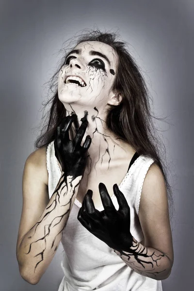 Halloween Portrait Screaming Dark Mad Girl Black Veins Her Face — Stock Photo, Image