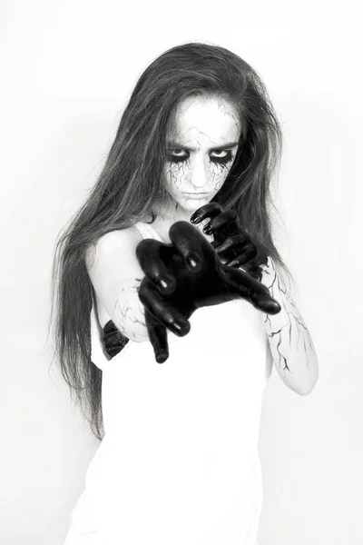 Halloween Portrait Mad Girl Zombie Black Hands Veins Her Face — Stock Photo, Image