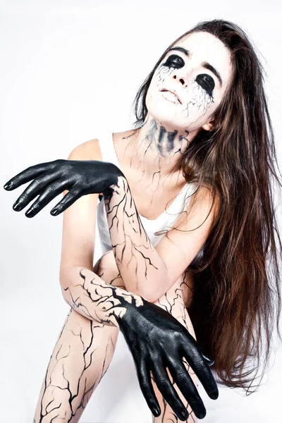 Halloween Portrait Mad Girl Zombie Black Hands Veins Her Face — Stock Photo, Image