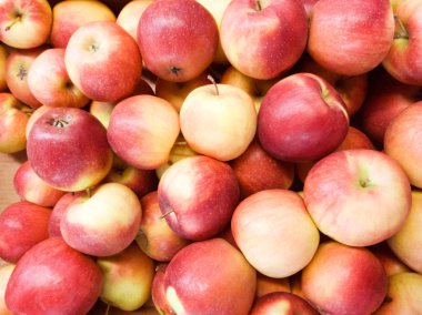 Arka plan olarak mesafe içine uzanan birçok kırmızı ve yeşil elma