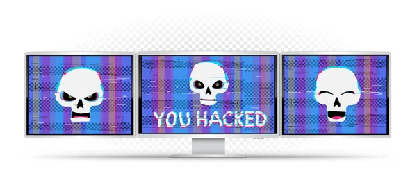 Funny Angry White Hacker Skull You Hacked Text Glitch Blue — Archivo Imágenes Vectoriales