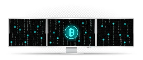 Drie Computers Monitoren Met Code Mijnbouw Bitcoin Drievoudige Computer Super — Stockvector