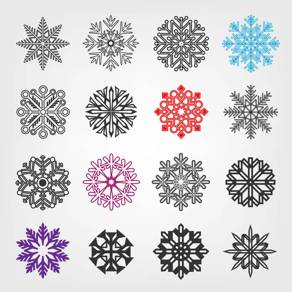 雪のアイコンを設定します 白い背景に隔離された雪片のバリエーションのコレクション 氷の形のパターン 冬のクリスマスの休日の装飾 — ストックベクタ
