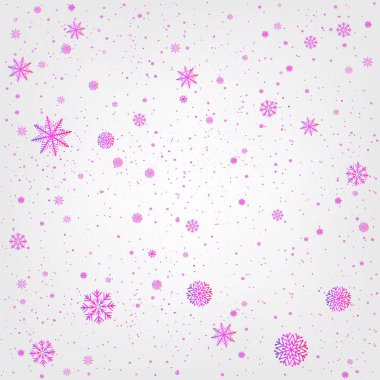 Pembe ve mor kar arızası. Açık beyaz arka planda kar yağıyor. Buz gibi kar taneleri. Buz şekli kusursuz desen. Noel için dekorasyon arka planı