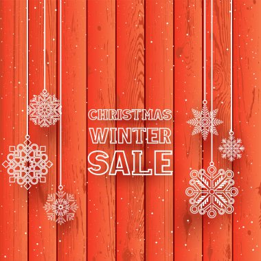 Kırmızı ahşap arka planda Noel mesajı. Ahşap zemine kar yağışı. Asılı beyaz çizgi kar taneleri