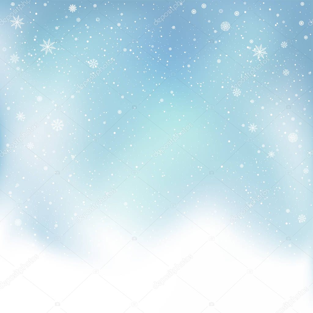 Christmas snowfall on sky clouds background. Winter snowfall on blue backdrop. Frosty close-up wintry snowflakes. Ice shape pattern