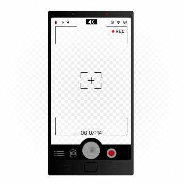 Siyah akıllı telefon kamerası dikey görüntü bulucu şablonu. Beyaz arkaplandaki 4K telefon çözünürlüklü video görüntüsü. Video fotoğrafçılığını kaydet
