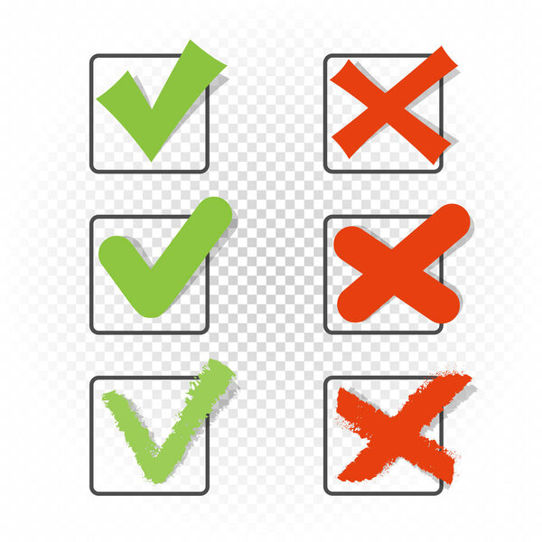 Voting square checkbox sign symbol set template. Green checkmark tick pictogram. Accept agree approved correct good confirm or not wrong incorrect choice vector illustration icon
