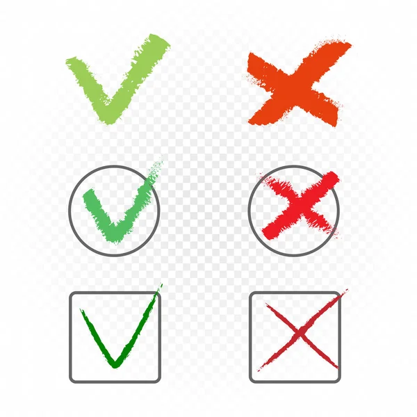 绘制投票薄和厚的各种复选标记符号符号设置模板 绿色刻度象形图 接受同意批准的正确的好确认或没有错误的不正确的绘图选择向量例证 — 图库矢量图片