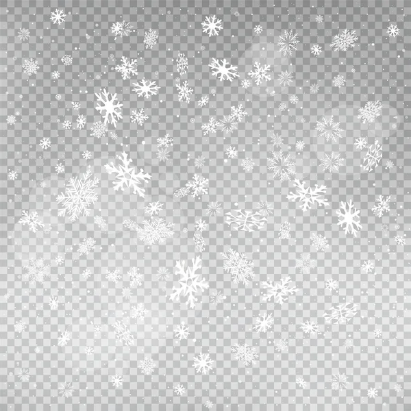 Close up snowfall em pano de fundo transparente — Vetor de Stock