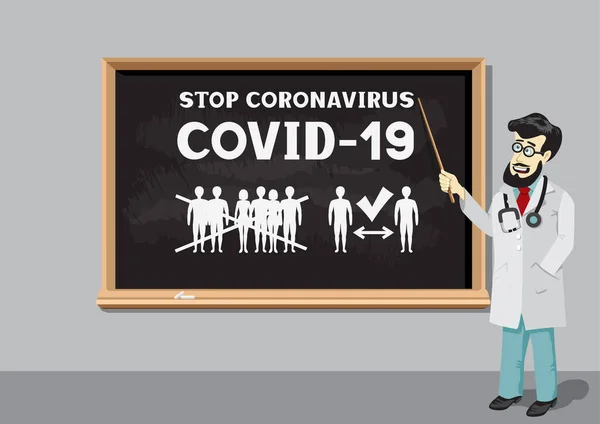 Orvos és a coronavirus adatai a táblán — Stock Vector